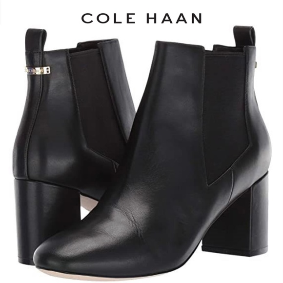 Cole Haan Nitasha Black Leather Heeled Chelsea Bootie Fashion Boot Block Heel - Picture 2 of 11